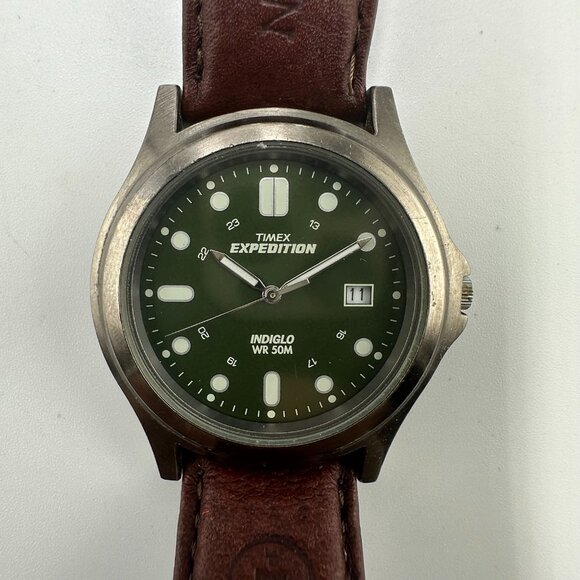 Timex Expedition Watch Men Silver Tone Green Dial Indiglo Brown Band New Battery - Picture 1 of 13